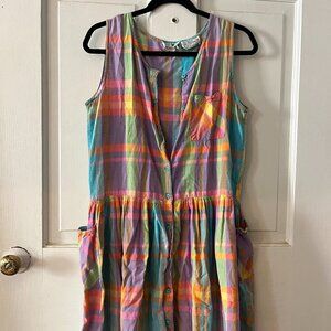 Vintage Cotton Pastel Plaid Sundress with Pockets -Size M
